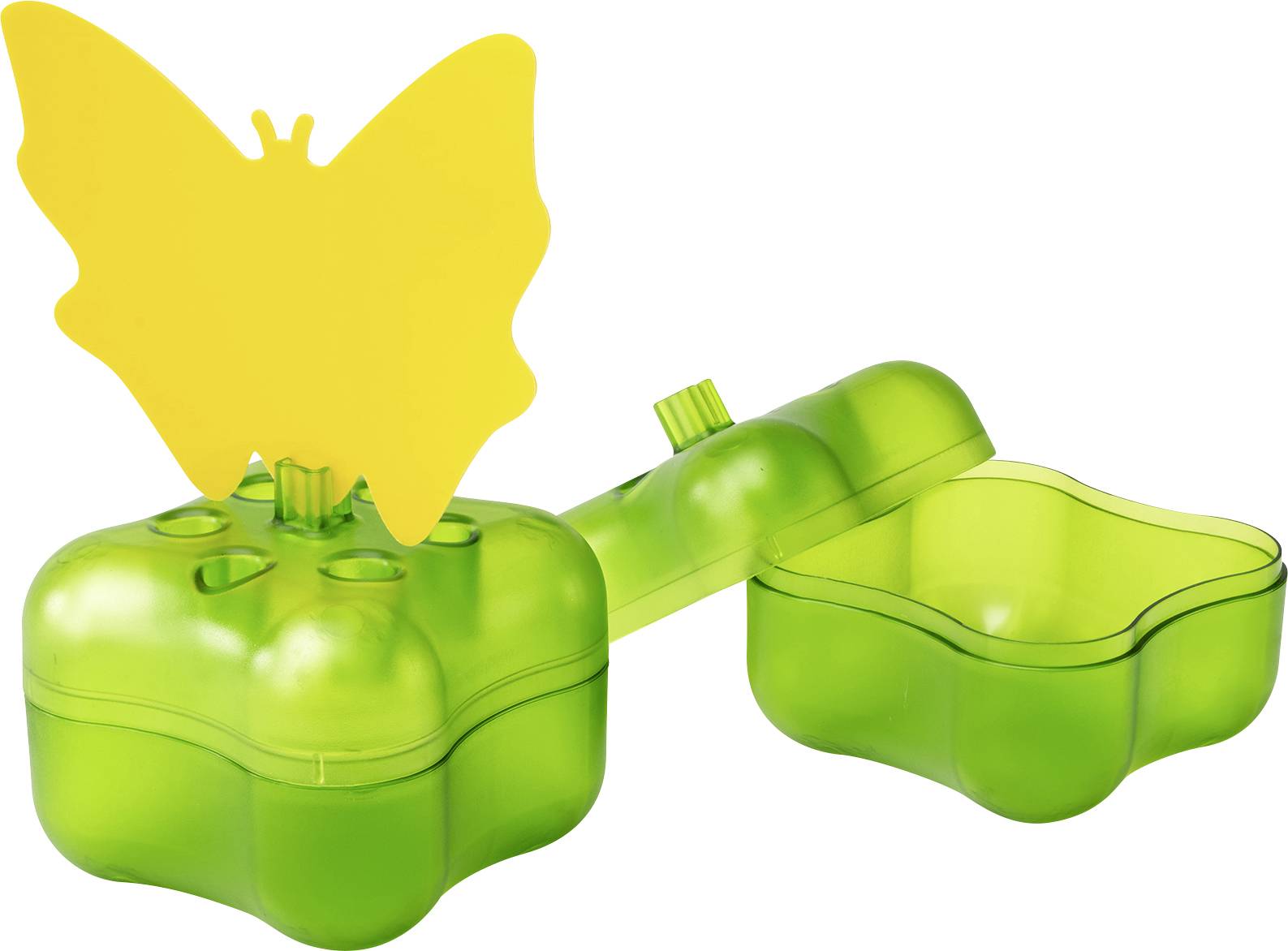 Grüne schmetterlingsförmige Kunststoffform mit einem leuchtend gelben schmetterlingsförmigen Ausschnitt darüber, geöffnet mit dem Deckel, der von der Basis getrennt ist.