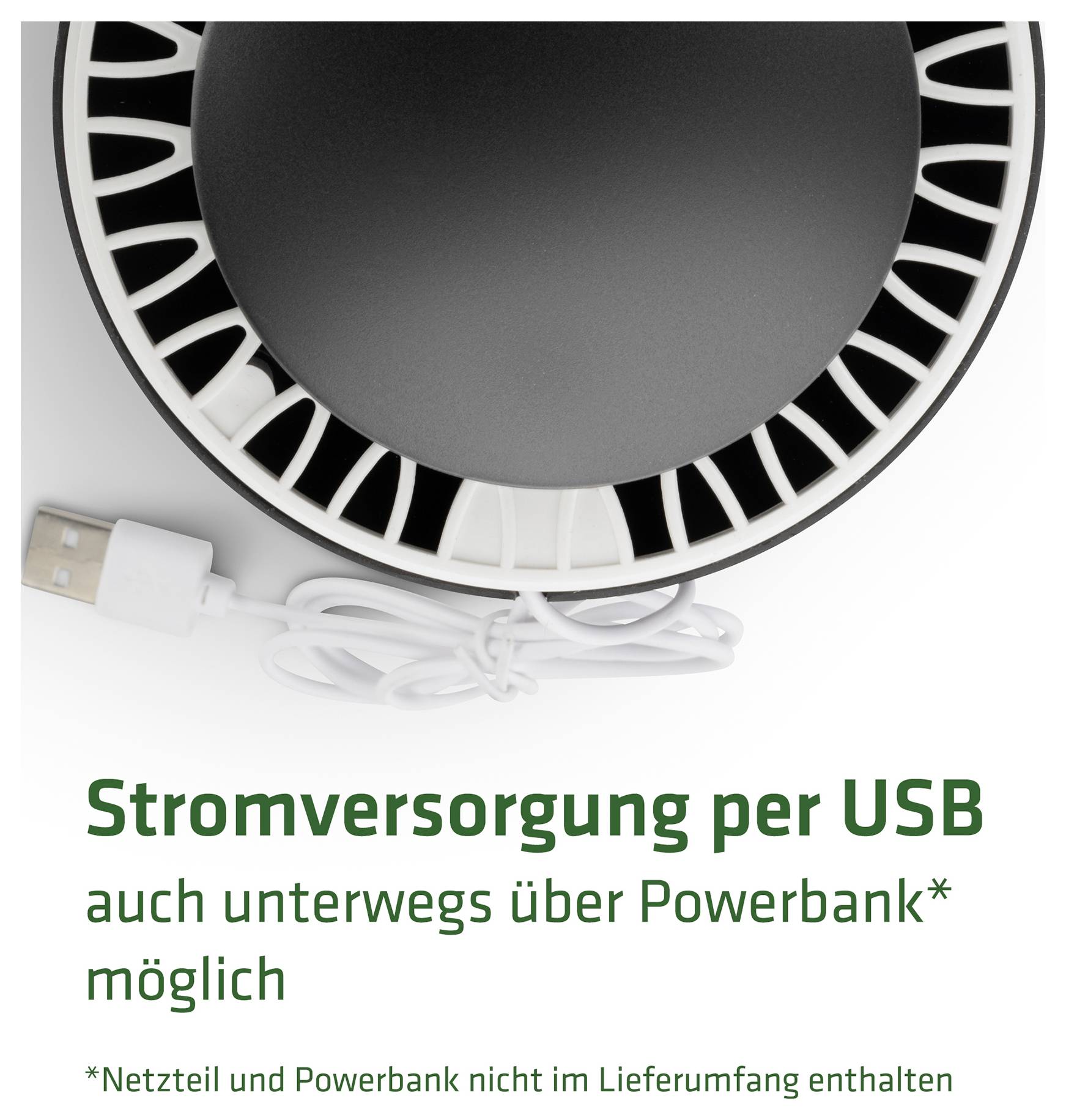 USB-betriebene Ringlampe; Text: 'Stromversorgung per USB', 'auch unterwegs über Powerbank möglich'; Hinweis: Netzteil und Powerbank nicht enthalten.