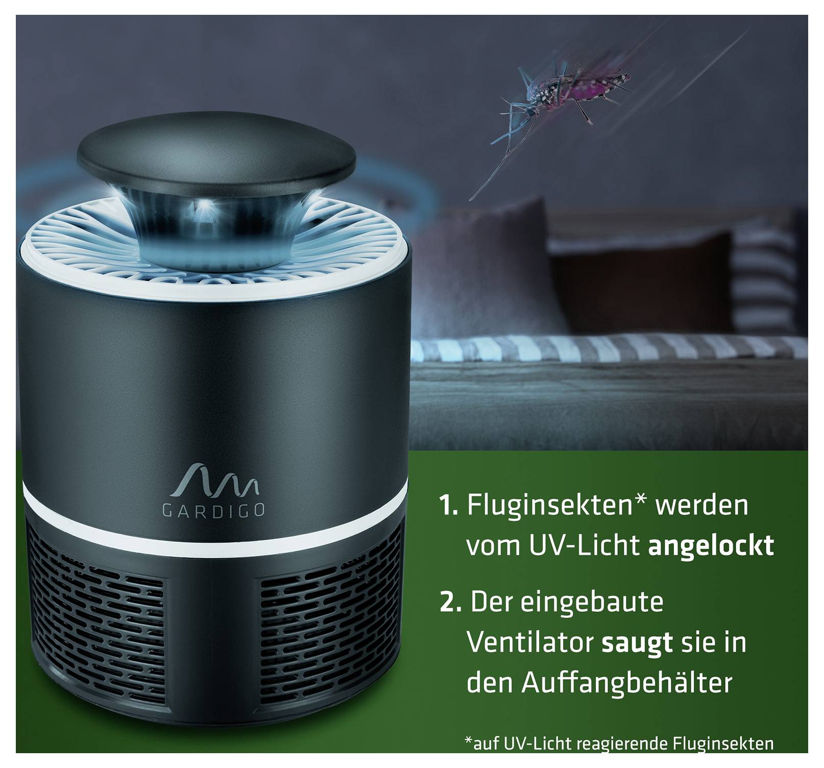 Werbefoto eines Gardigo-Insektenfanggeräts: UV-Licht lockt Fluginsekten an, der Ventilator saugt sie in den Auffangbehälter.