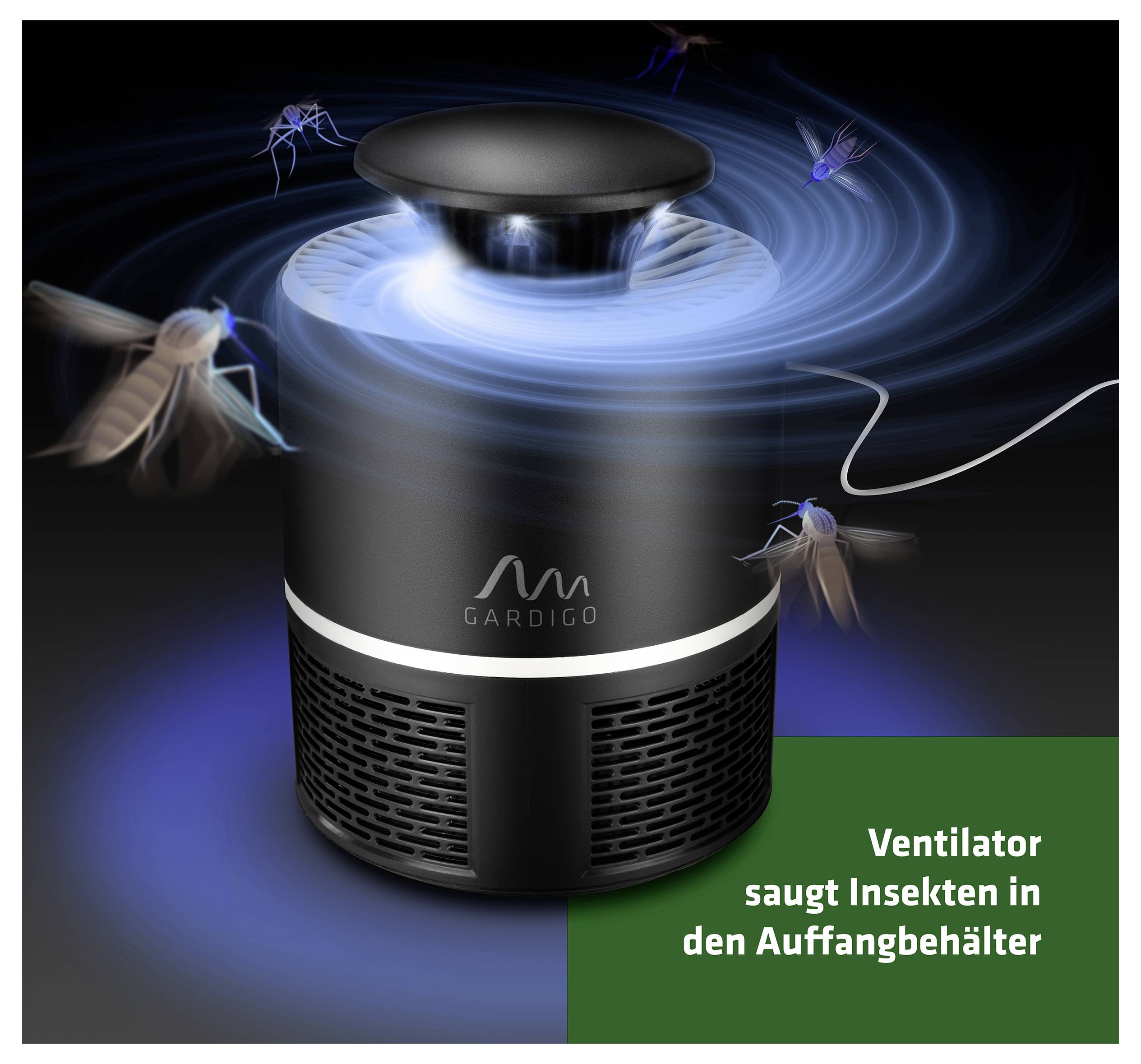 Werbeabbildung eines Insektenventilators: Gerät saugt Mücken und andere Insekten in den Auffangbehälter.