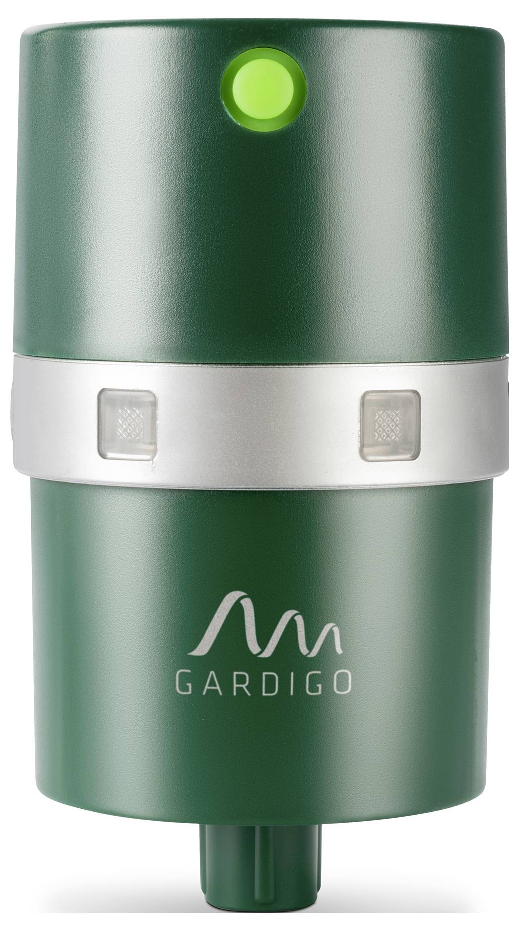 Grüner Gardigo Ultraschall-Schädlingsvertreiber mit leuchtendem Anzeigelicht und silbernem Band, Vorderansicht auf weißem Hintergrund.