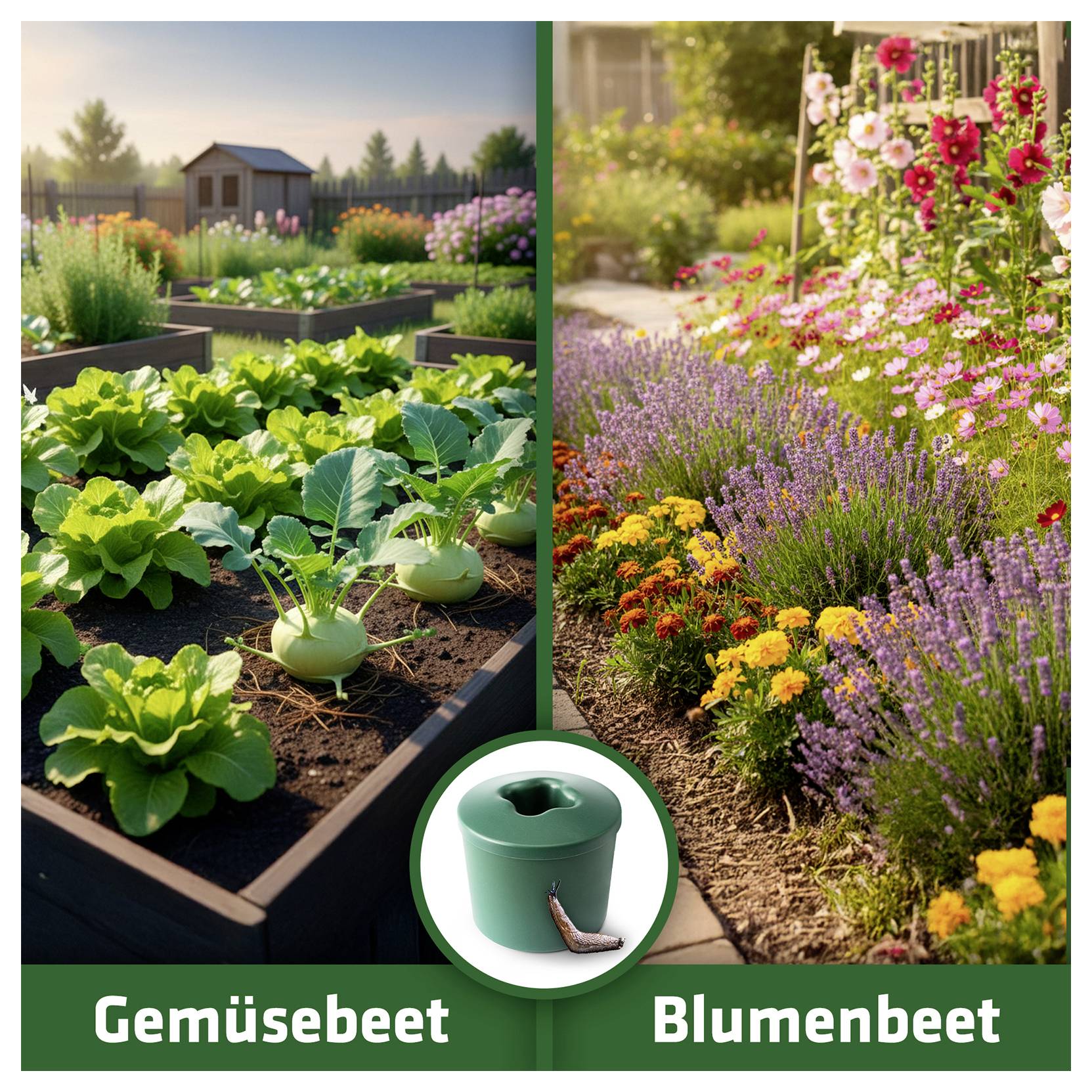 Vergleich zweier Beete: links ein Gemüsebeet mit Kohlrabi und Salat, rechts ein Blumenbeet mit bunten Blüten; unten Beschriftungen 'Gemüsebeet' und 'Blumenbeet' sowie ein Schneckenabwehr-Topf als Symbol.