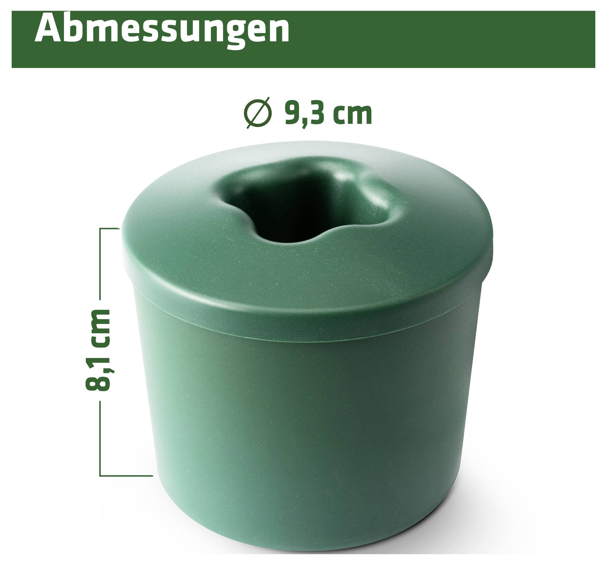 Abbildung mit Maßangaben eines grünen Behälters: Durchmesser 9,3 cm, Höhe 8,1 cm.