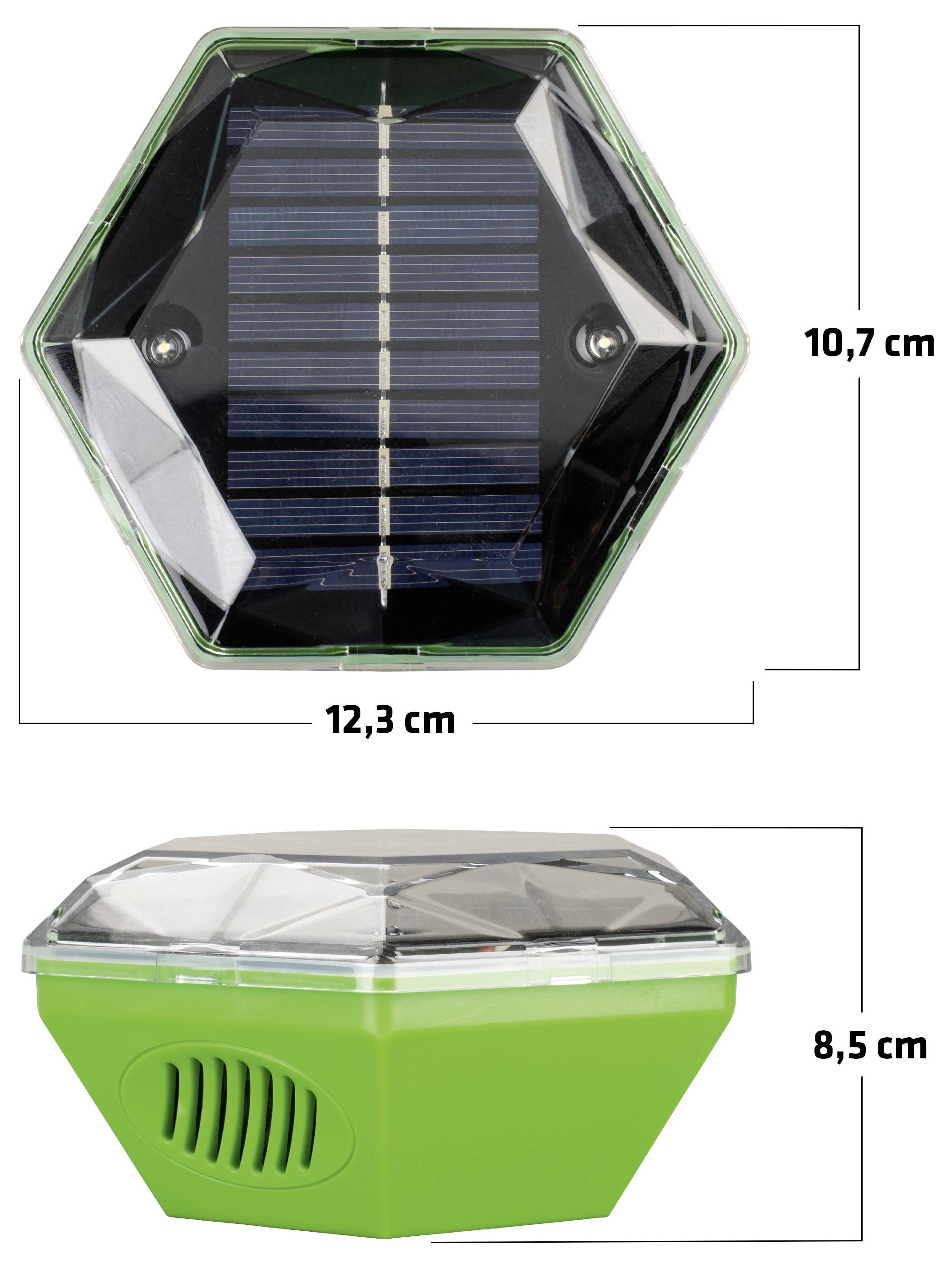Solarbetriebene sechseckige Gartenleuchte von oben und von der Seite dargestellt, mit Abmessungen von 12,3 cm Breite, 10,7 cm Höhe und 8,5 cm Höhe.