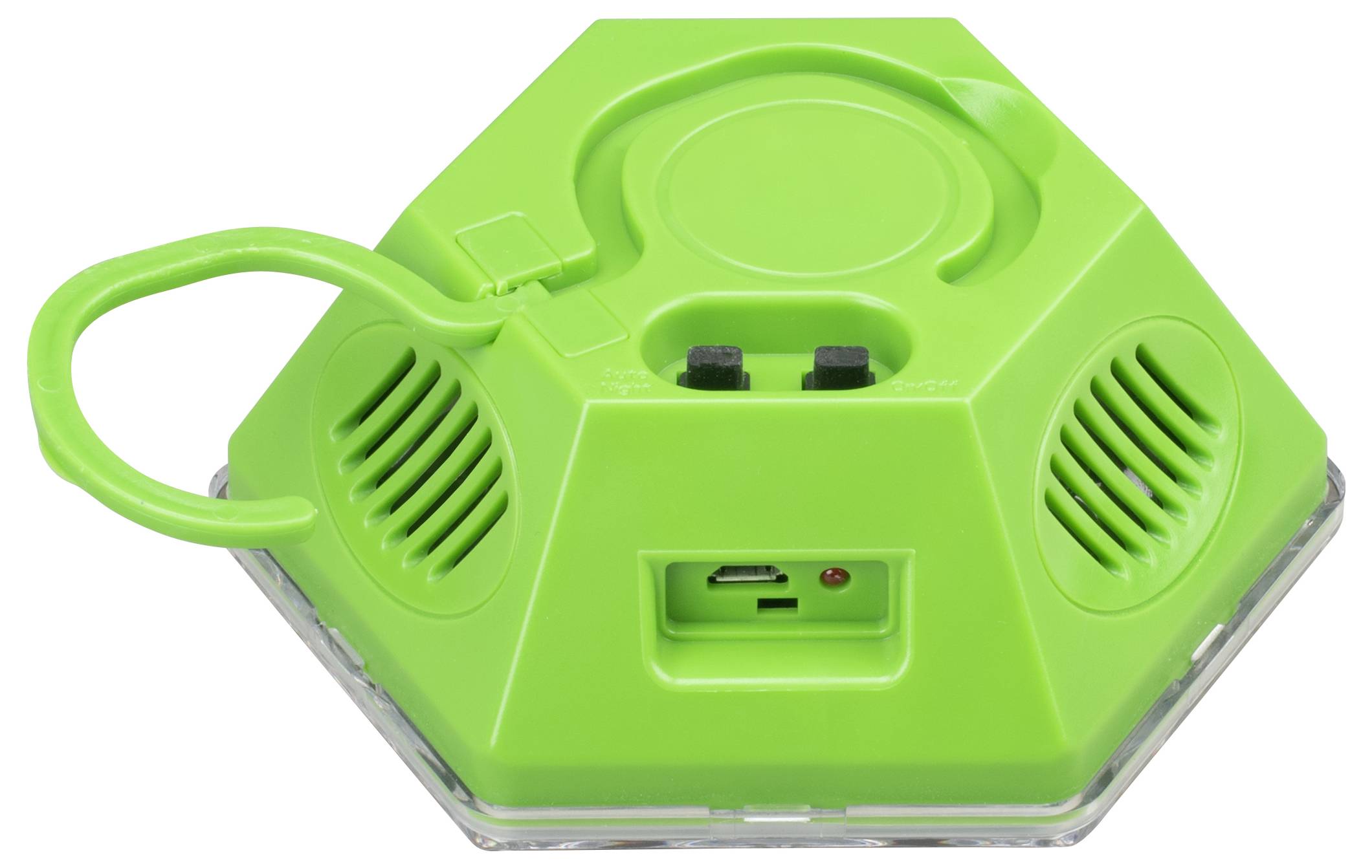 Grüner sechseckiger tragbarer Lautsprecher mit Griff, doppelten Seitengittern und frontalem USB-/SD-Kartenport.