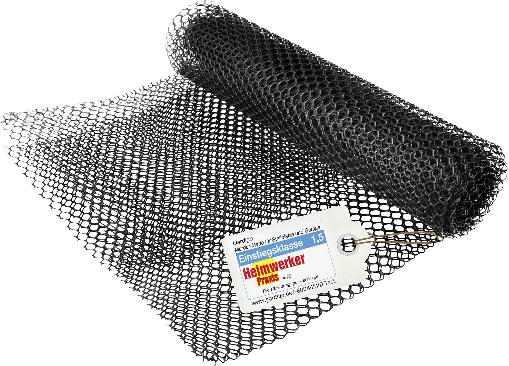 Schwarze Kunststoffmaschenrolle mit einem Etikett, auf dem 