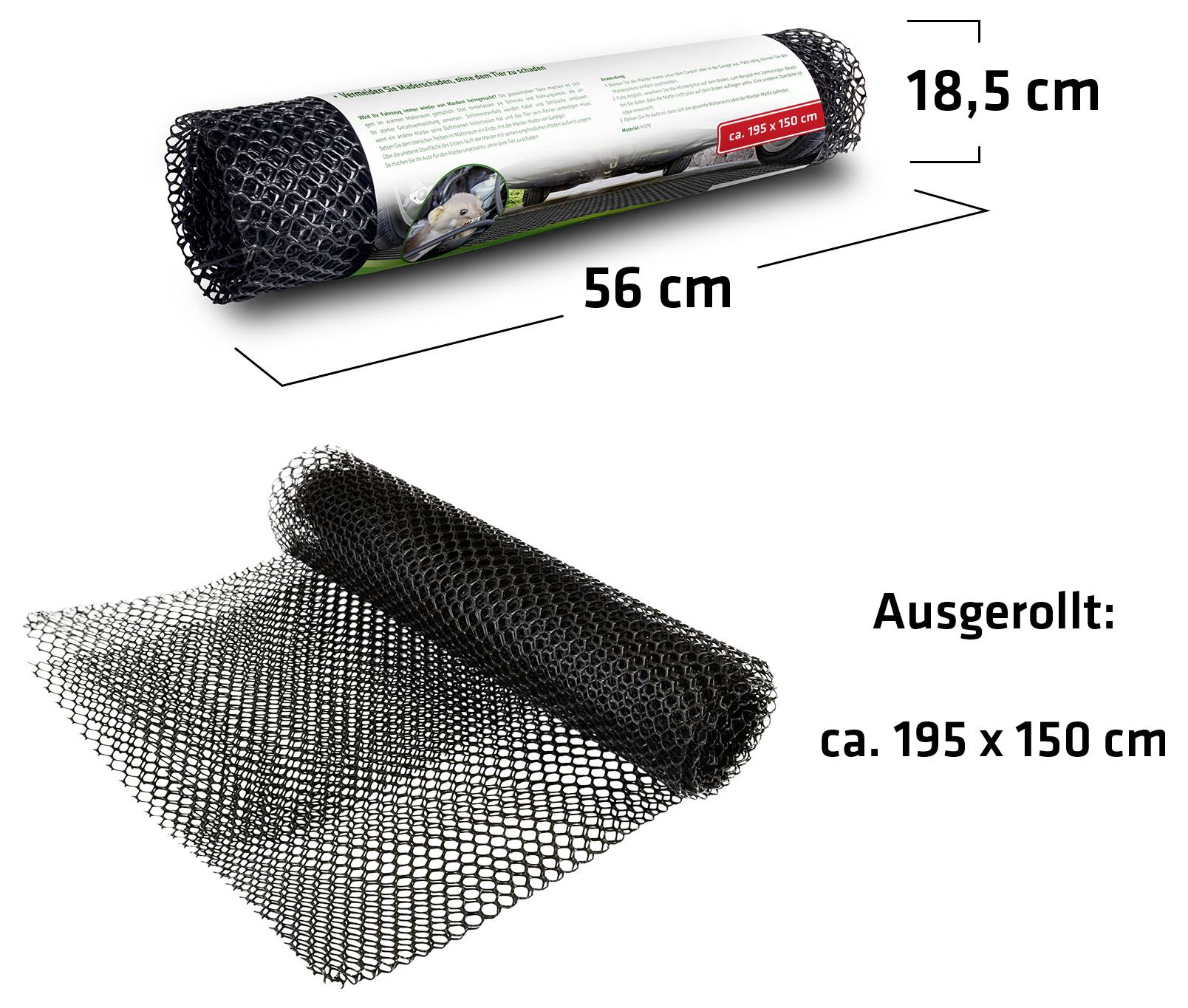 Produktbild zeigt eine aufgerollte schwarze Gittermatte, 56 cm lang und 18,5 cm Durchmesser; ausgerollte Größe etwa 195 x 150 cm.