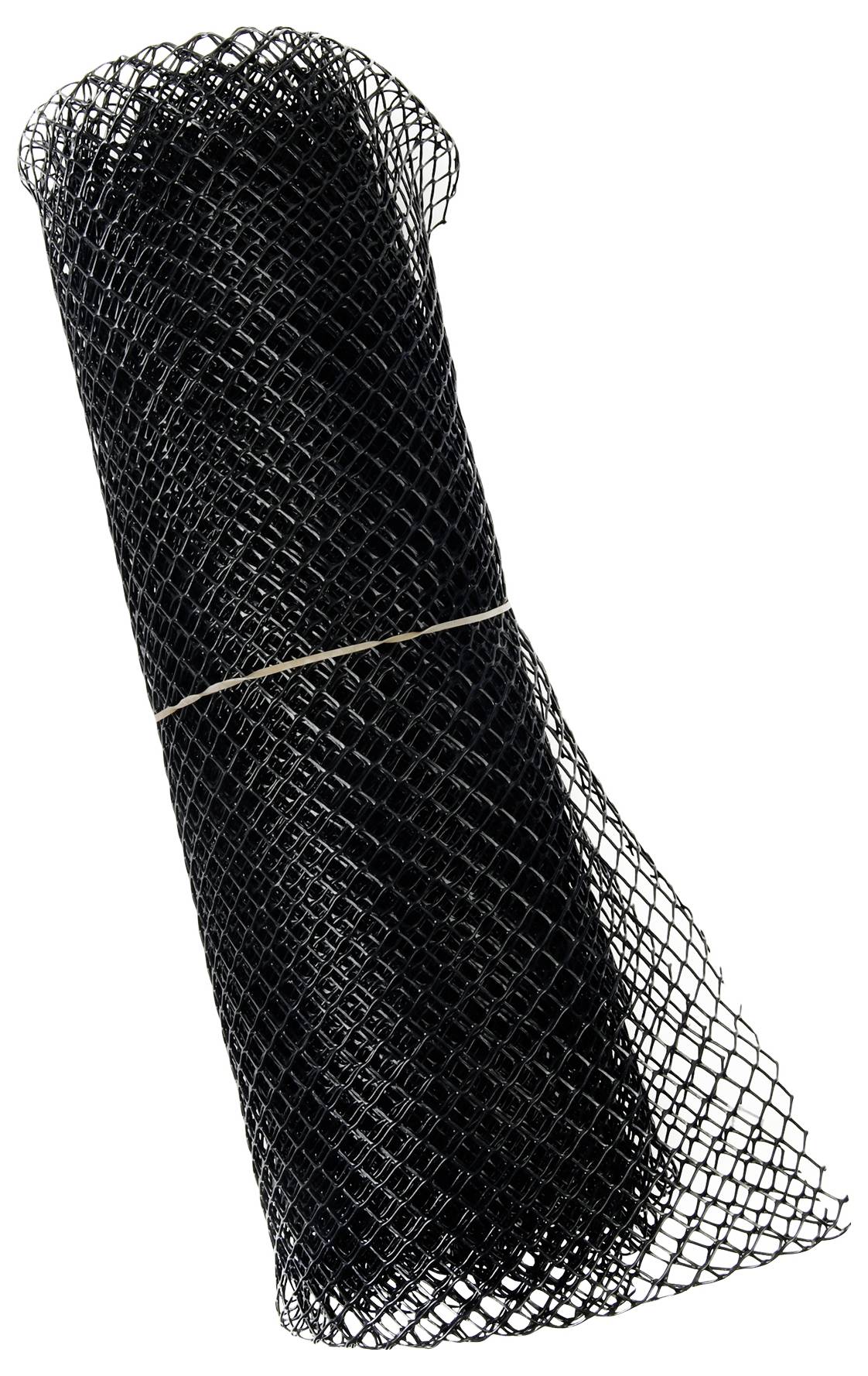 Eine aufgerollte schwarze Kunststoffnetzfolie oder Netzgewebe auf weißem Hintergrund.