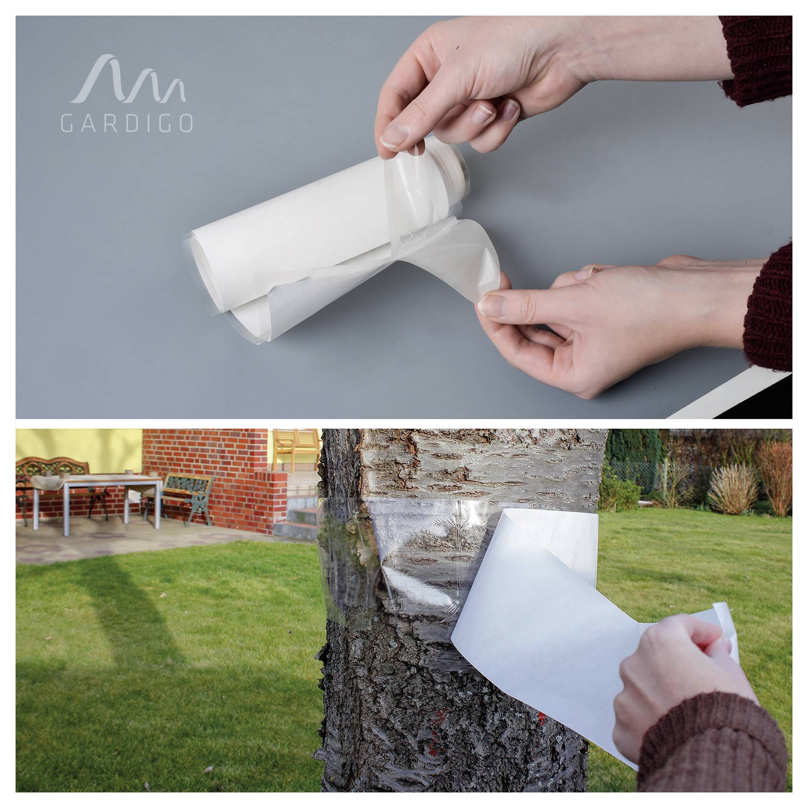 Hände schälen eine transparente Klebeschicht von einem weißen Zylinder ab; unten wird das Blatt auf einen Baumstamm aufgebracht, um die Rinde im Freien zu schützen oder zu reparieren.