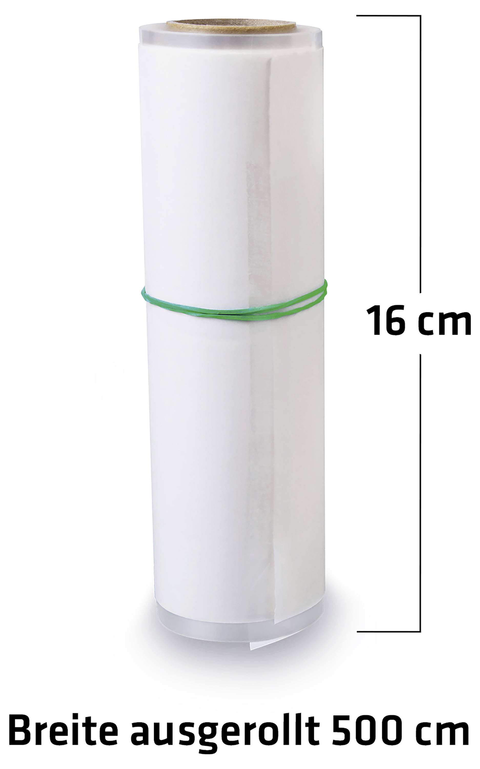 Weiße Papierrolle, 16 cm hoch, mit einer aufgerollten Breite von 500 cm, mit einem grünen Band in der Mitte.