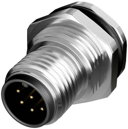 Nahaufnahme eines metallischen runden elektrischen Steckers mit Gewindelagerung und mehreren Kontaktstiften, dargestellt vor weißem Hintergrund.