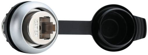 Eine silber-schwarze Schutzabdeckung mit einem Metallbuchsenstecker auf der linken Seite und einem verschlossenen Ende auf der rechten Seite, verbunden durch einen kurzen Riemen.