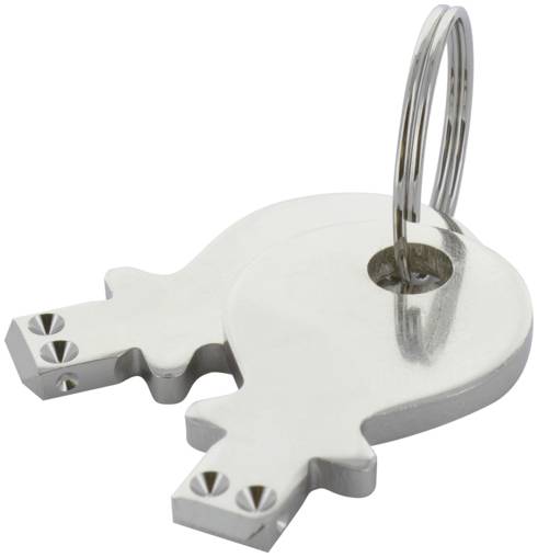 Silber-Metall-Schlüsselanhänger in Form eines Puzzleteils, mit einem Ring an einem Ende, auf weißem Hintergrund abgebildet.