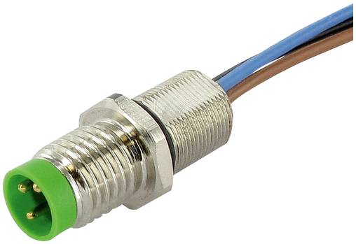 Nahaufnahme eines metallischen kreisförmigen Elektrosteckers mit einer grünen 3-Pin-Buchse und angeschlossenen blauen und braunen Drähten.