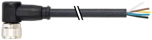 Abgewinkelter schwarzer Kabelstecker mit gewindeloser Metallöffnung und vier freigelegten, farbcodierten Drähten am anderen Ende.
