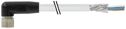 Ethernet-Kabel mit freigelegten inneren Drähten durchgeschnitten und schwarzem rechtwinkligem Stecker auf der linken Seite.