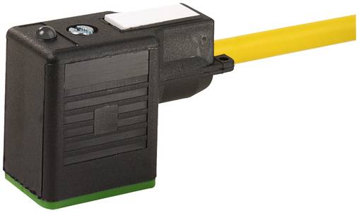 Schwarzer Elektrostecker oder Sensor mit gelbem Kabel, dargestellt auf weißem Hintergrund.