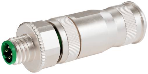Silberner kreisförmiger Elektrostecker mit Gewinde am Ende und grünem Einsatz auf weißem Hintergrund