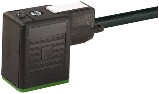 Schwarze Inline-Elektroschalterbox auf einem Kabel mit weißem oberen Knopf und grüner Basiskante auf einfachem weißem Hintergrund.