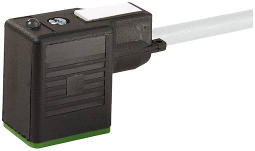 Schwarzer Kunststoff-Inline-Kabelstecker mit angeschlossenem weißem Kabel, gezeigt vor einem schlichten weißen Hintergrund.