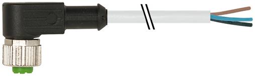Rechtwinkliger Elektrostecker mit weißem Kabel, das blaue, braune und grüne Adern am Ende zeigt.