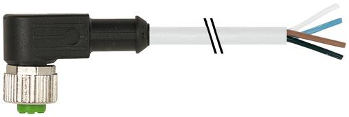 Abgewinkelter Steckverbinder mit schwarzem Stecker und weißem Kabel, an dem vier interne Leitungen an der Schnittfläche freigelegt sind.