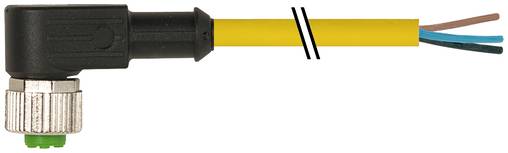 Rechtwinkliger schwarzer Stecker auf einem gelben Kabel mit freiliegenden braunen, blauen und petrolblauen Drähten am Ende.