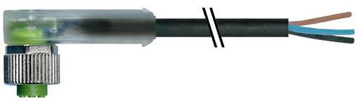 Diagramm eines Winkelsteckers mit geripptem Metallstecker und schwarzem isoliertem Kabel, das sich in blaue und braune Adern aufteilt.