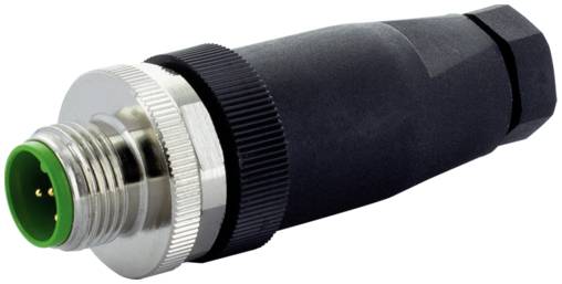 Schwarzer zylindrischer Industriesensorstecker mit Gewinde-Metalltip und grünem Innenende.