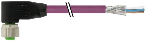 Nahaufnahme eines abgewinkelten Steckverbinders, der an einem durchtrennten violetten Kabel befestigt ist, mit sichtbaren Kupferdrähten und farbigen innenleitern.