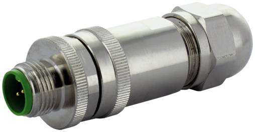 Metallischer zylindrischer Kabelverbinder mit Gewinde an den Enden und gerilltem Griffbereich, dargestellt auf weißem Hintergrund.