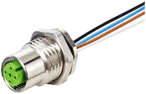 Nahaufnahme eines metallischen, kreisförmigen Elektrosteckers mit vier farbigen Drähten, gezeigt auf weißem Hintergrund.