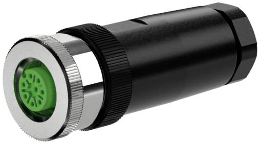 Schwarzer zylindrischer Stecker mit silbernem gerilltem Vorderring und grüner kreisförmiger Einsatz, isoliert auf weißem Hintergrund dargestellt.