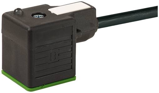 Schwarzer elektrischer Steckverbinder an einem Kabel befestigt, mit grüner Basis und metallischer Verriegelungsdetail oben.