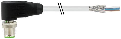 Rechtwinkliger Metallkabelstecker mit weiß isoliertem Kabel und freiliegenden Drahtenden.