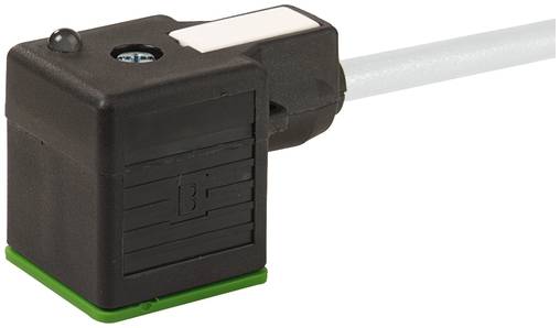 Schwarzer rechtwinkliger Elektrostecker, der an einem weißen Kabel befestigt ist, mit grüner Basis und Metallschraube oben.