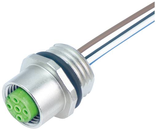 Nahaufnahme eines versiegelten Metallkabelsteckers mit einem grünen Multi-Pin-Einsatz und drei angeschlossenen Drähten, dargestellt auf weißem Hintergrund.