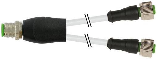 Y-förmiger Kabeladapter mit zwei schwarzen Leitern, die sich von einem einzelnen Metallstecker auf der linken Seite zu zwei Metallsteckern auf der rechten Seite aufteilen.