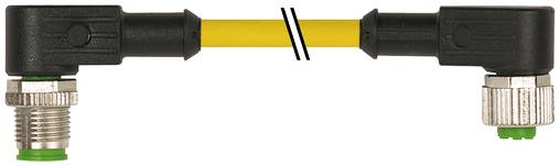 Gelbes Kabel mit rechtwinkligen schwarzen Steckverbindern an beiden Enden, mit sichtbaren Metallgewinde-Anschlüssen und grünen Spitzen.
