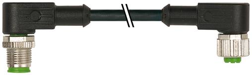 Rechtwinkliger Kabelstecker mit einem männlichen Gewinde-Ende und einer weiblichen Buchse, verbunden durch ein kurzes schwarzes Kabel.