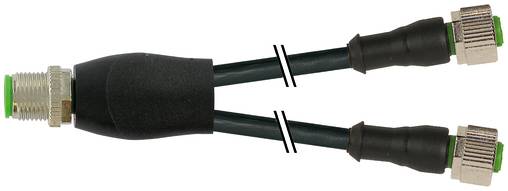 Y-förmiges schwarzes Kabelverteiler mit einem Metallstecker auf der linken Seite und zwei Metallsteckern auf der rechten Seite.