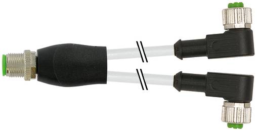Y-förmiger Kabelteiler mit einem Stecker und zwei rechtwinkligen Buchsen auf weißem Hintergrund.