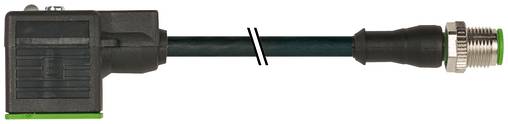 Schwarzer rechteckiger Stecker an einem Kabel angebracht, endend in einem Metallstecker mit Gewinde und grüner Spitze.