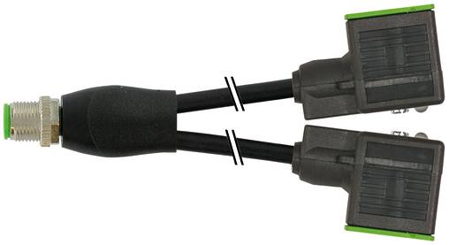 Y-förmiges Kabel mit einem Metallgewindeverbinder an einem Ende und zwei schwarzen rechteckigen Steckverbindern am anderen Ende.