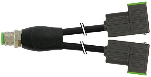 Schwarzes Y-Kabel mit einem Metallstecker an einem Ende und zwei schwarzen rechteckigen Steckern am anderen Ende, gezeigt auf weißem Hintergrund.