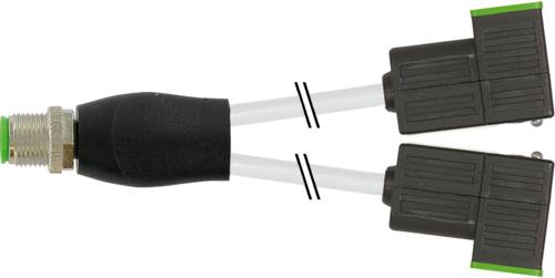 Y-förmiges Kabelverteiler mit einem Metallstecker auf der linken Seite und zwei schwarzen Steckern auf der rechten Seite.