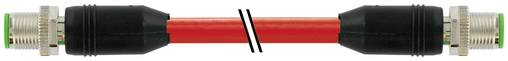 Ein rotes Koaxialkabel mit schwarzen Schutzmanschetten und Metallverbindern an beiden Enden.