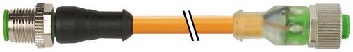 Orange-Lichtwellenleiterkabel mit Metallsteckern an beiden Enden, horizontal vor weißem Hintergrund dargestellt.