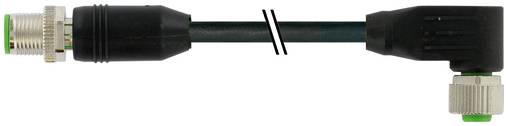 Schwarzes Kabel mit Winkelsteckern an beiden Enden, eines mit grüner Spitze und eines mit Gewinde-Metallverbinder, auf weißem Hintergrund gezeigt.