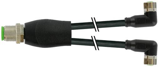 Koaxialkabel mit einem schwarzen Y-förmigen Splitter, einem Gewindeverbinder auf der linken Seite und zwei Winkelsteckern auf der rechten Seite.